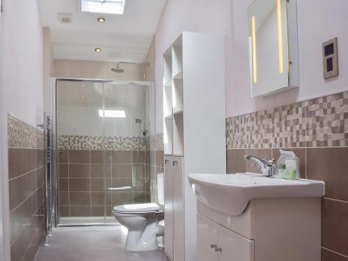 a bathroom with a toilet and a sink and a shower at Butterfly Lodge in East Farndon