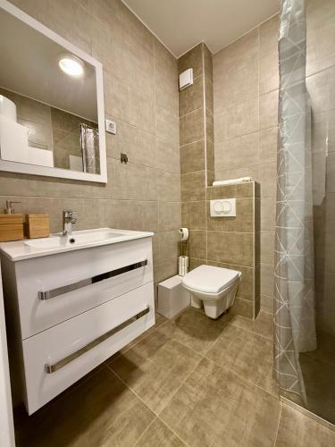 a bathroom with a sink and a toilet and a shower at Kovan Lux 9 Sokobanja in Soko Banja