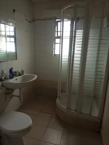 a bathroom with a shower and a toilet and a sink at Thalia apartment in Nairobi