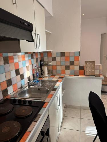 une cuisine avec un évier et une cuisinière dans l'établissement L Estaquéenne, à Marseille