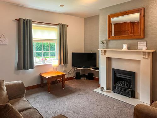 a living room with a fireplace and a television at Estate Cottage in Wheldrake