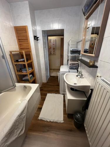 a bathroom with a tub and a sink and a bath tub at Ferienwohnungen Carlsfeld in Eibenstock