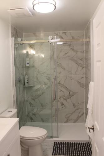 a bathroom with a glass shower with a toilet at Queen Bed Suite-Private Entrance in Barrie