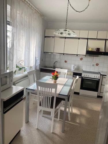 a kitchen with a table and chairs in a kitchen at Hiša Tavčar in Dutovlje