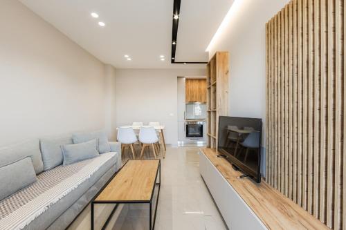 a living room with a couch and a tv at Olivia's Apartments in Velipojë