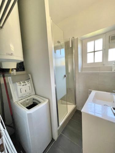 une salle de bain avec une machine à laver et un lavabo dans l'établissement T2 de Charme dans Villa Typique, Proche de la Mer, à Dinard