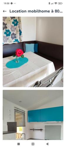 - une chambre avec un lit doté d'un jouet rouge dans l'établissement Mobilhome avec terrasse couverte à 800 m de la plage, à Saint-Cast-le-Guildo