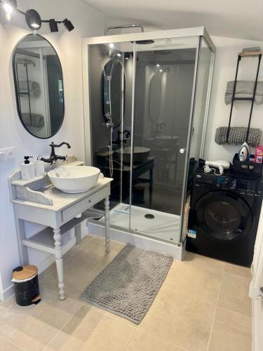 une salle de bain avec un lavabo et une machine à laver dans l'établissement Maset Lou Pitchoun, à Saint-Rémy-de-Provence