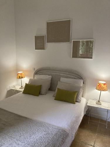 une chambre avec un lit avec deux lampes sur deux tables dans l'établissement Maison independante en pierre du pays, Jardin,Clim,Wifi,Tnt a 5 mn de la Mer Mausoleo, à Brando