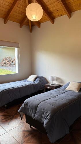 a bedroom with two beds and a light fixture at Esquel Apart Chalet in Esquel