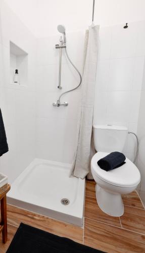 a white bathroom with a toilet and a bath tub at R64 - Cosy House in the heart of Rabat in Rabat