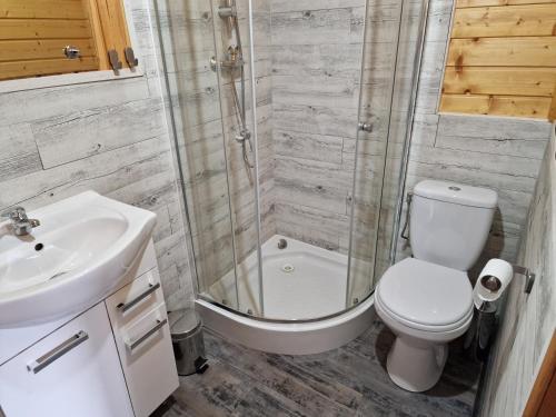 a bathroom with a toilet and a shower and a sink at Domki pod Brzozą in Czarnocin
