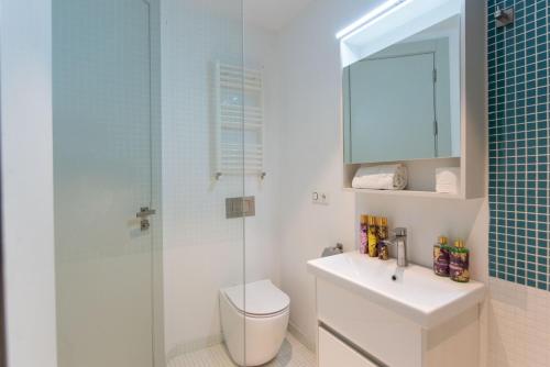 a bathroom with a shower and a toilet and a sink at Go-Gudauri The Atrium Residence in Gudauri