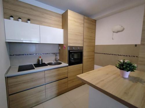 a kitchen with wooden cabinets and a sink and a table at Benvenuti HONEY in Zemun