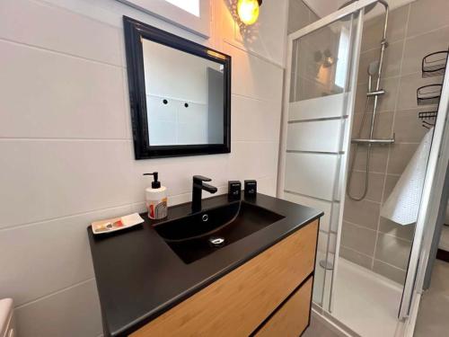 La salle de bains est pourvue d'un lavabo noir et d'une douche. dans l'établissement Valras'Loc - Le Nid Familial, à Valras-Plage