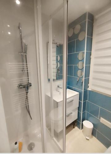 une salle de bain avec douche et lavabo dans l'établissement Studio cosy Paris Centre, à Paris