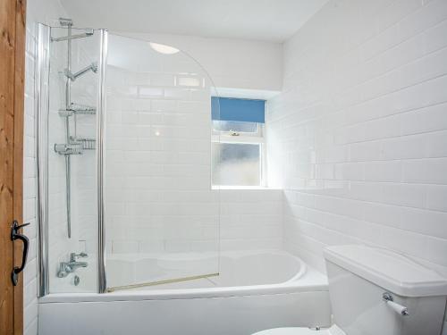 a white bathroom with a shower and a toilet at Gypsett in Polruan