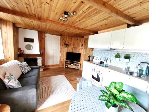 a kitchen and living room with a couch and a table at Le cocon beuillois in Beuil