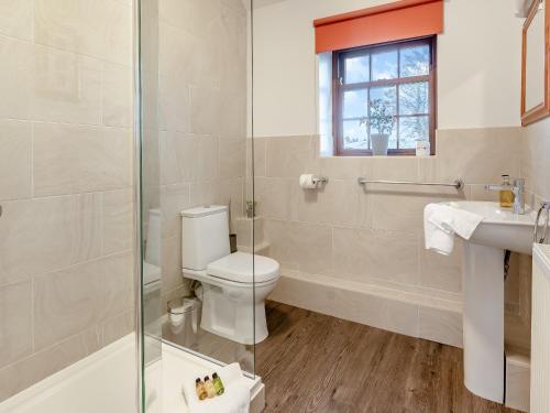 a bathroom with a toilet and a sink and a shower at The Old Combine Shed in Huby