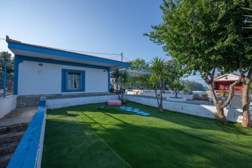 a small yard with a blue house and a yard at Blue Horizon in Skopelos Town