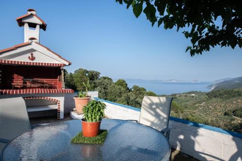 a table with a potted plant on top of a balcony at Blue Horizon in Skopelos Town
