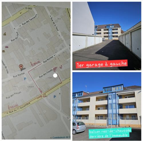 a collage of photos with a building and a map at F3 rez-de-chaussée Centre ville au calme avec Balcon Garage et Netflix in Héricourt