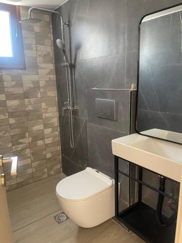 a bathroom with a shower and a toilet and a sink at ISSA Thermi in Loutrópolis Thermís