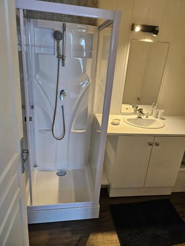 une salle de bain blanche avec une douche et un lavabo dans l'établissement La Jarne bis, à La Jarne