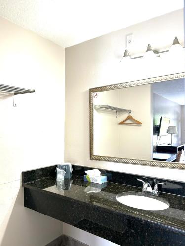 a bathroom with a sink and a large mirror at Shining Light Inn & Suites in Kissimmee
