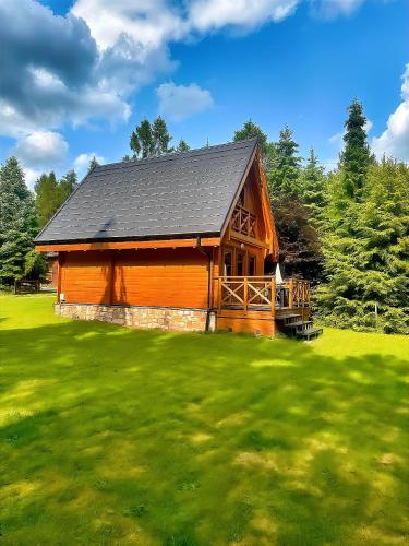 a wooden cabin in a field of green grass at DOMKI JANOSIK - Janosik 2 Komfort in Łopuszna