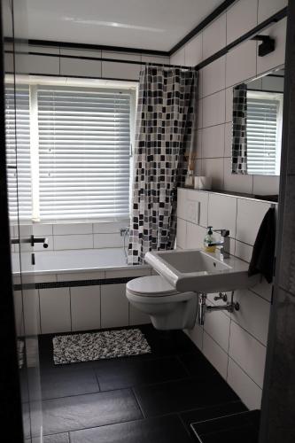 a bathroom with a sink and a toilet and a tub at I&D Apartments in Duisburg