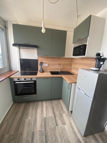 une cuisine avec des armoires vertes et un réfrigérateur blanc dans l'établissement Escale nancéienne , Nancy centre , parking GRATUIT, à Nancy
