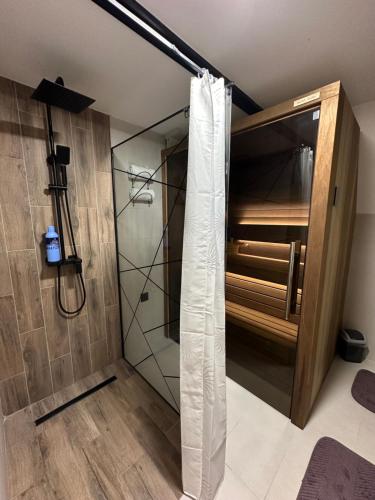 a shower with a glass door in a bathroom at Plivska vila 2 in Jajce