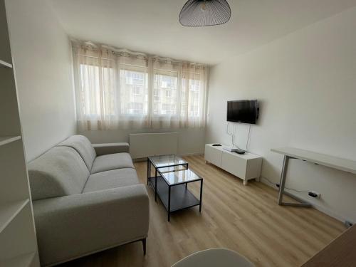 un salon avec un canapé et une télévision dans l'établissement Plein coeur de Caen, Emeraude, à Caen