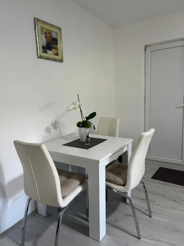 a white table with white chairs and a vase with a plant at Apartman Soni Jagodina- free jacuzzi, private parking in Kolonije