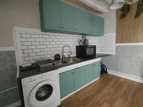 une cuisine avec une machine à laver et un évier dans l'établissement Villa Cosy proche Saumur, à Parçay-les-Pins