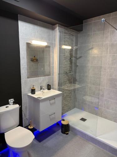une salle de bain avec toilettes, lavabo et douche dans l'établissement Le temple, moderne et élégant Cœur de Limoges, à Limoges