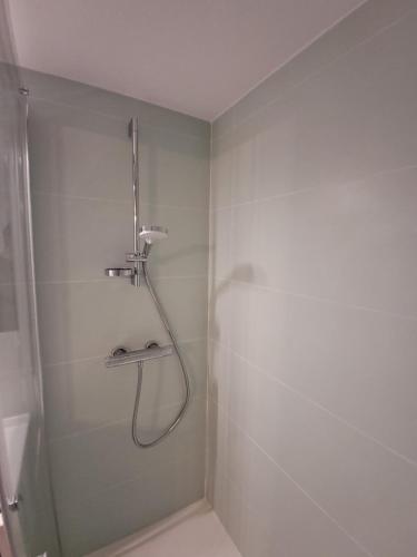 une salle de bain avec une douche avec une porte vitrée dans l'établissement La vie est une aventure, à Talmont-Saint-Hilaire