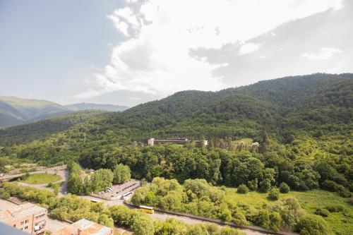 an aerial view of a town in the mountains at white house in Dilijan