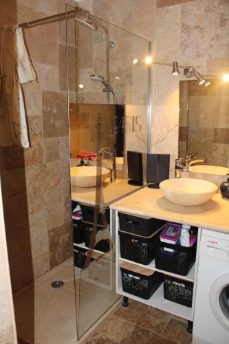 une salle de bain avec deux lavabos et une douche en verre dans l'établissement La Baronne Apartment, à Cannes