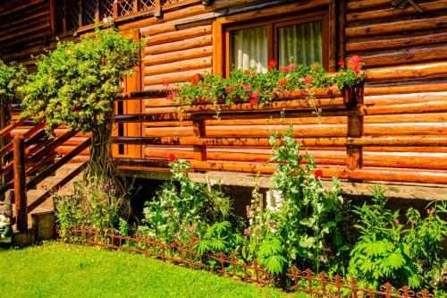 a wooden cabin with flower boxes on the window at Casa Bunicii in Costeşti