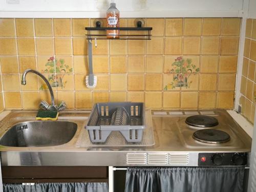 a kitchen sink with a dish drying rack on it at STUDIO en face de la forêt de FONTAINEBLEAU in Avon