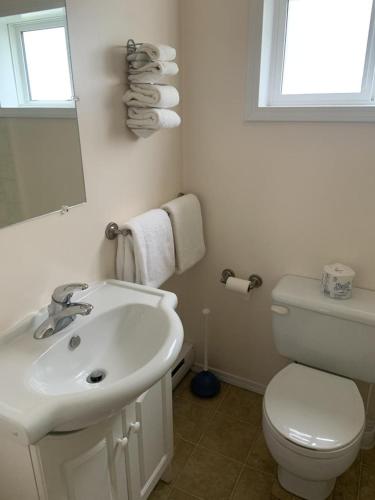a bathroom with a sink and a toilet and a mirror at Beachside Motel in Penticton