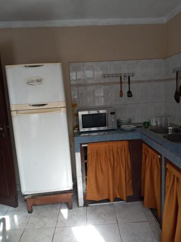 a kitchen with a refrigerator and a microwave at Casita entre los cerros in Sucre