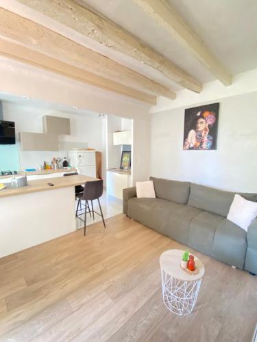 un salon avec un canapé et une table dans l'établissement Joli appartement avec jardin, à Cannes