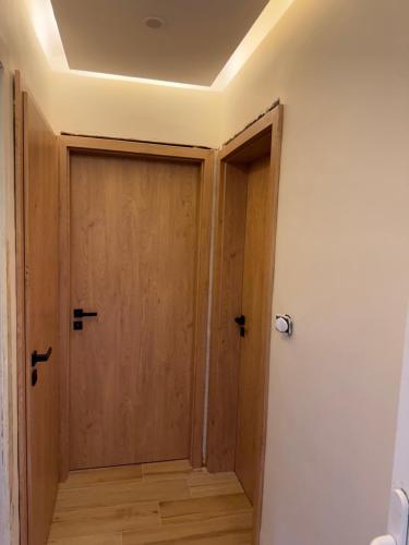 - un couloir avec une porte en bois dans l'établissement Private Room Near Basel, à Huningue
