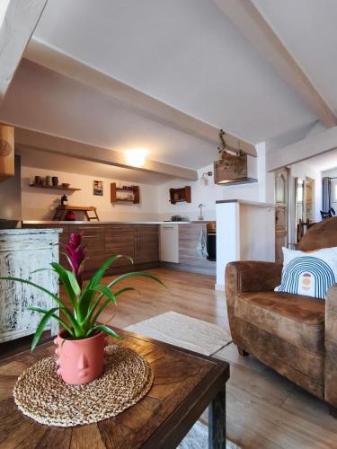 un salon avec un canapé et une table dans l'établissement Le Balcon, vue panoramique au Faron, à Toulon