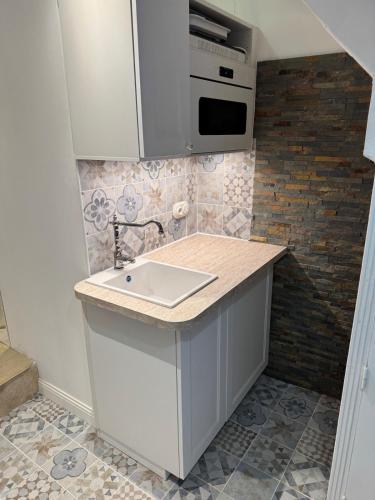 une cuisine avec un évier et un micro-ondes dans l'établissement Casa Jueliatte, à Collioure