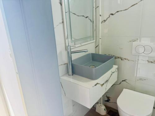a bathroom with a blue sink and a toilet at Petros rooms in Himare