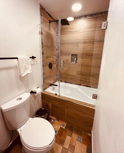 a bathroom with a toilet and a bath tub at Hotel El Aguila, Villa del Carbón in Villa del Carbón